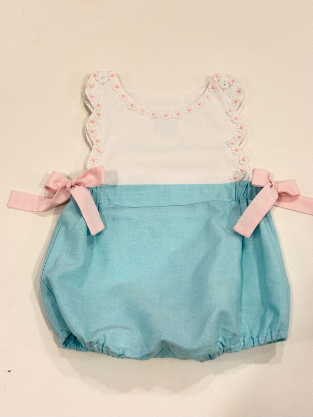 Bella Bliss White & Light Blue Baby Bubble Romper with Pink Bows